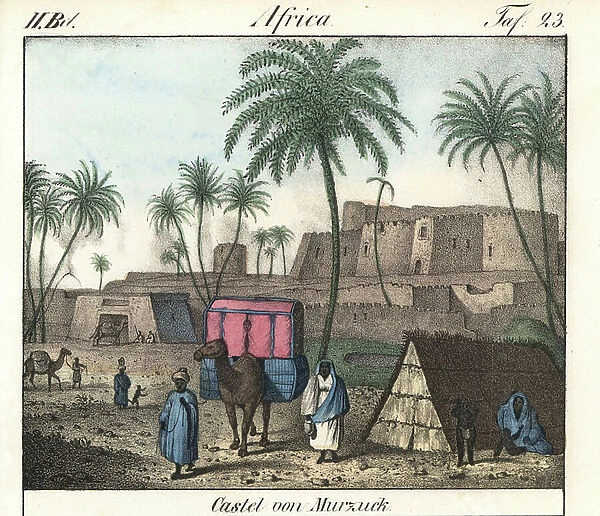 Murzuk Castle, oasis of the Fezzan region (Libya). Lithography for the book: ' Galerie complete en tableaux fideles des peuples d'Afrique' by Friedrich Wilhelm Goedsche (1785-1863), edition Meissen (Germany), 1835-1840