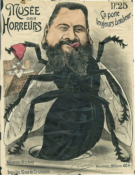 The Museum of Horrors, number 25, 1900_04_03, illustration by V. Lenepveu: It always brings happiness - Scandal of decorations - Insects, Wilson Daniel (1840-1919), Flies. Rights reserved
