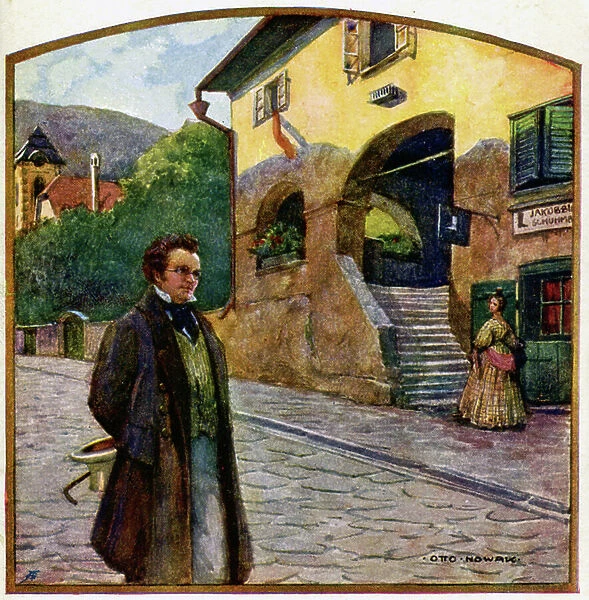 Music. The austrian composer Franz Schubert. Illustration by Otto Nowak, Austria, c.1910 (postcard)