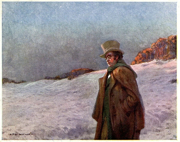 Music. The austrian composer Franz Schubert and the Winter Journey (song cycle: Wintereise, 1827). Illustration by Otto Nowak, Austria, c.1910 (postcard)