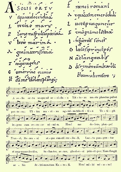 Musical Notation: Lament written on the death of Charlemagne in 814 using Neumes or Meumes notation. 7th to 11th centuries (musical manuscript)