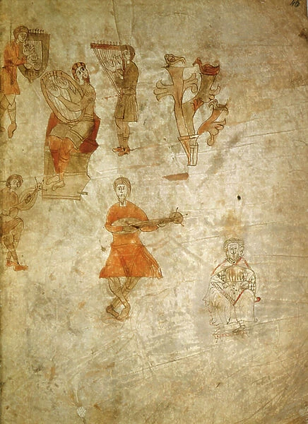 Musicians with different musical instruments, -in 'De Musica libri quartet', Irish codex of the VII-VIII centuries, by Torquatus Severinus