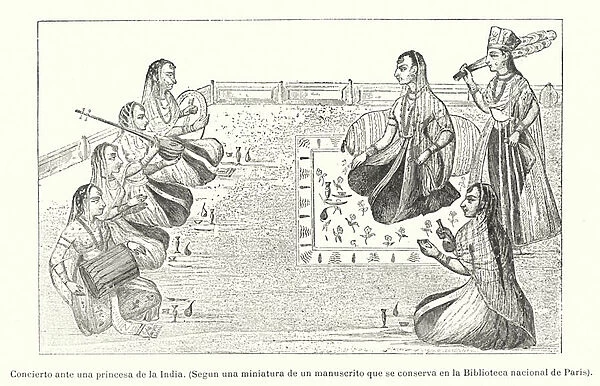 Musicians performing before an Indian princess (litho)