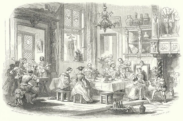 Musicians playing for Margaret of Austria, Governor of the Habsburg Netherlands, during her meal (engraving)