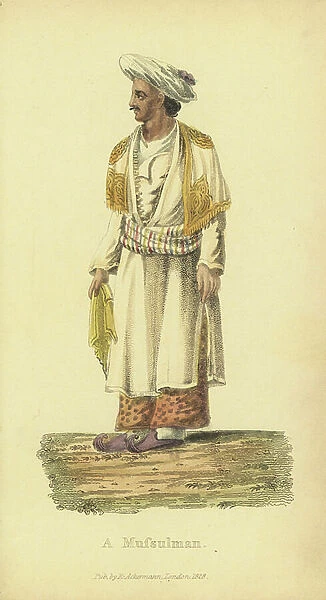 Mussulman or muslim man, in robes, sash, slippers, Cashmere shawl and turban. Handcoloured copperplate engraving by an unknown artist from ' Asiatic Costumes, ' Ackermann, London, 1828