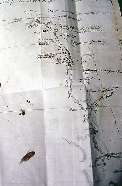 Mutinerie du Bounty: logbook or ship's log of William Bligh, commander of the Bounty, written after the mutiny during the travel on the boat adrift, 1789 - detail showing coastlines Canberra Library Australia