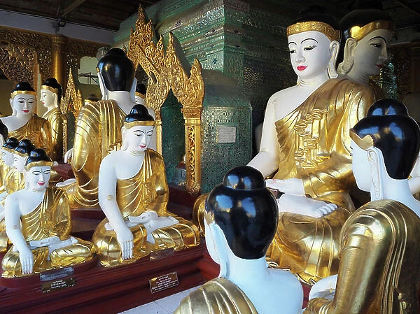 Myanmar - Burma: Yangon. Shwedagon Pagoda. Opened in 1372. Height 105 m. Sculptures of Buddha and his disciples