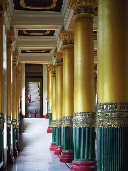 Myanmar - Burma: Yangon. Shwedagon Pagoda. Opened in 1372. Height 105 m. Stairs and columns of access to the Pagoda