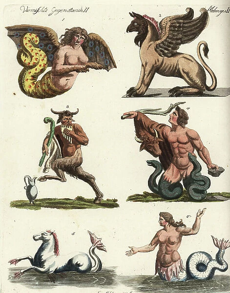 Mythical creatures: harpy, griffon, satyre, titan, seahorse and triton - Mythical creatures: harpy, griffin, satyr, giant or Titan, seahorse and Nereid or Triton