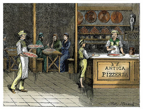 Naples: old pizzeria. Colorful engraving of the 19th century