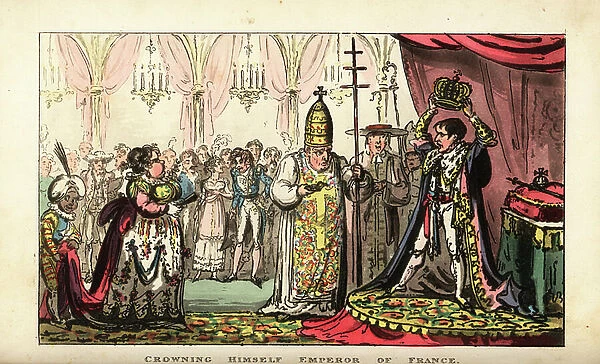 Napoleon Bonaparte crowning himself Emperor of France at Notre Dame, 1804. Handcoloured copperplate engraving by George Cruikshank from The Life of Napoleon a Hudibrastic Poem by Doctor Syntax, T. Tegg, London, 1815