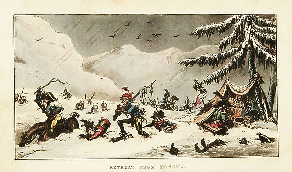 Napoleon Bonaparte and the French Army snowed under the Retreat from Moscow, 1812. Handcoloured copperplate engraving by George Cruikshank from The Life of Napoleon a Hudibrastic Poem by Doctor Syntax, T. Tegg, London, 1815