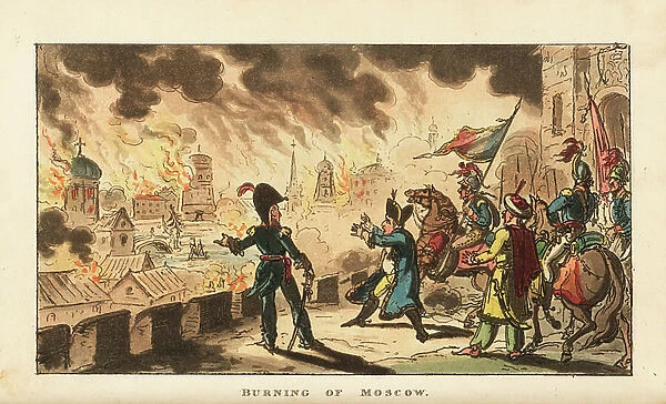 Napoleon Bonaparte watching the Fire of Moscow after the Battle of Borodino, 1812. Handcoloured copperplate engraving by George Cruikshank from The Life of Napoleon a Hudibrastic Poem by Doctor Syntax, T. Tegg, London, 1815
