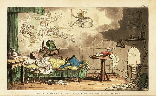 Napoleon dreaming in his cell at the military college. Napoleon asleep in his bed with visions of angels and demons above him. Handcoloured copperplate engraving by George Cruikshank from The Life of Napoleon a Hudibrastic Poem by Doctor Syntax, T