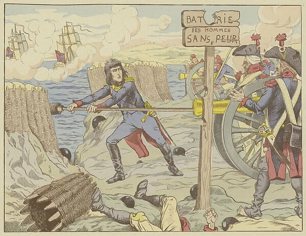 Napoleon loading a cannon like a common soldier at the Siege of Toulon, 1793 (colour litho)