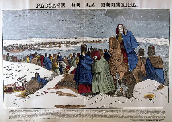 Napoleon's Grande Armee retreating from Russia across the Beresina, 26-28 November 1812. 19th century (french popular hand-coloured woodcut)