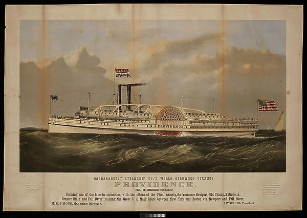Narragansett steamship Co.'s world renowned steamer Providence Benj M Simmons. Commander... (lithograph)