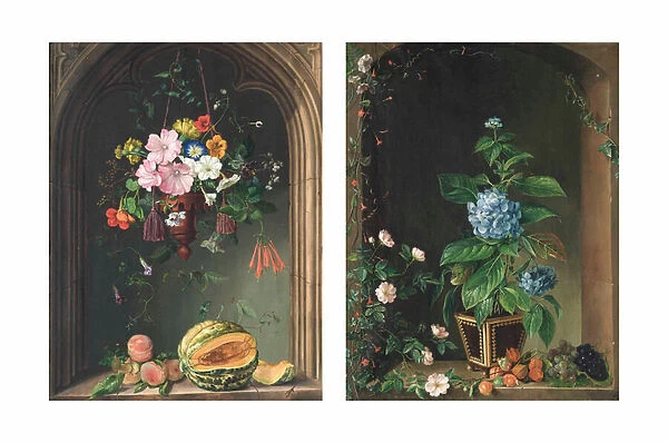 Nasturtiums, convolvulus, geraniums, petunias and other blooms in a ewer suspended under an arch over peaches and a melon; and Hydrangeas, roses, ivy, grapes and other blooms in an arch (oil on canvas)