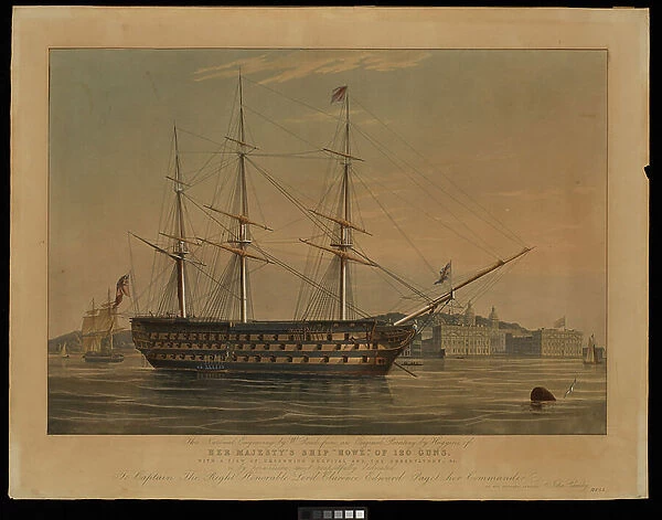 This National Engraving by W Read from an Original Painting by Huggins, of Her Majesty's Ship Howe, of 120 guns, with a view of Greenwich Hospital and the Observatory, &c... 1815 (aquatint & etching, coloured)