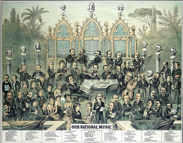 Our National Music, Boston, c1888. Group portrait of musical personalities who could be heard in America including Anton Rubinstein, Albani, Patti, Dvorak, Gounod, Joachim, Richter, Verdi, Sullivan, and many others