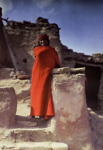 Native American man in poncho or robe portrait, Southern California, early color au... 1916 (photo)