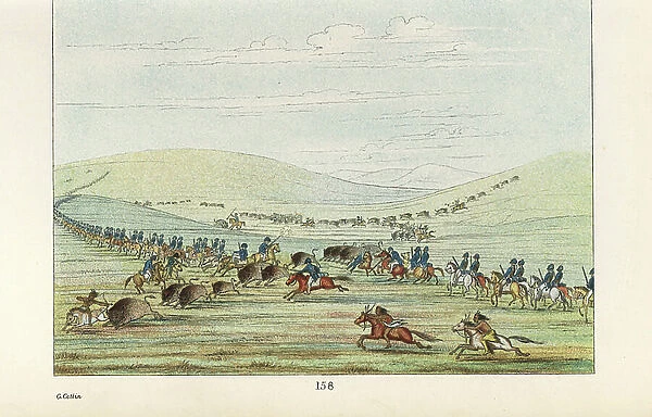 Native Americans and US cavalry at a buffalo hunt. Osage, Cherokee, Seneca, Delaware and Comanche hunting bison with Colonel Henry Dod's 1st regiment United States Dragoons