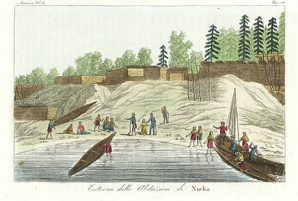 Native Americans of Nootka Sound bringing kayaks and fishing boats to shore in front of large houses of cedar wood. Handcoloured copperplate engraving from Giulio Ferrario's Ancient and Modern Costumes of all the Peoples of the World, 1837