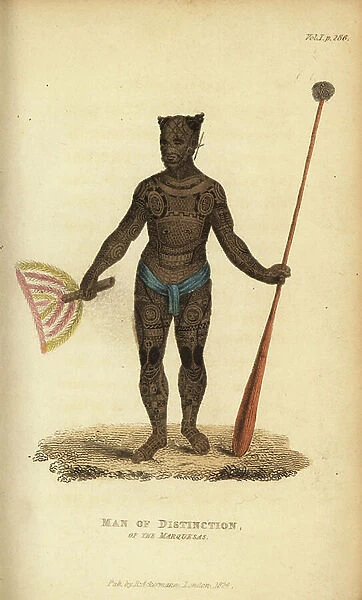 Native man of distinction from Nuku Hiva, Marquesas Islands, with club, fan, loincloth and full body tattoos. Handcoloured stipple engraving from Frederic Shoberl's The World in Miniature