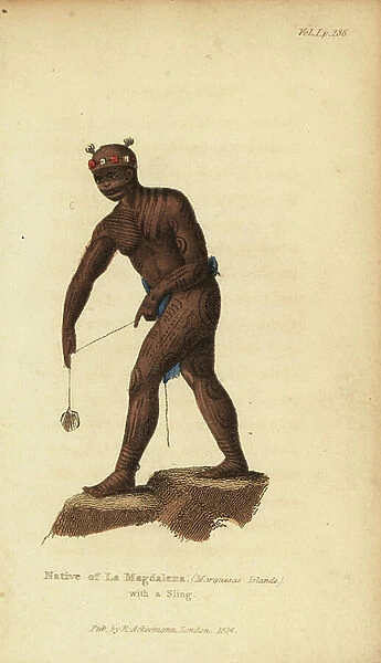 Native man of La Magdalena (Fatu Hiva, Marquesas Islands) with sling, loincloth, headband and tattoos. Handcoloured stipple engraving from Frederic Shoberl's The World in Miniature