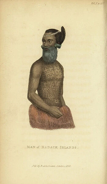Native man of Radack Islands (Ratak chain), Marshall Islands, with tattooed chest, blue beard and rolled pandanus-leaf earrings. Handcoloured stipple engraving from Frederic Shoberl's The World in Miniature
