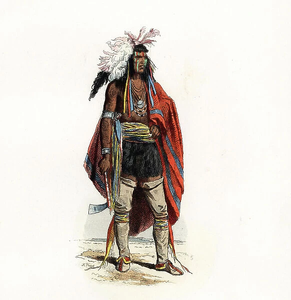 Native of North America, after Cartias, National Library, 1780. Handcoloured steel engraving by Polydor Pauquet from the Pauquet Brothers ' Modes et Costumes Etrangers Anciens et Modernes' (Foreign Fashions and Costumes Ancient and Modern), Paris