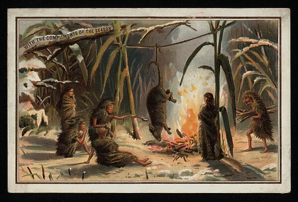 Native people cooking a giant rat, Christmas greetings card. (chromolitho)