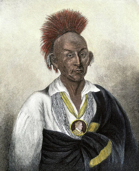Native population of America: Indians. Portrait of Black Hawk (black falcon, 1767-1838), chief of the Sac and Fox tribe. Colour engraving after a portrait of Charles B. King
