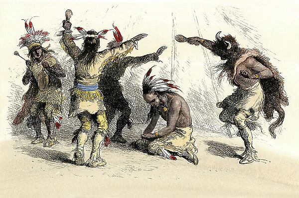 Native population of America: Indians. Hiawatha encircled by shamans during a dance for the ceremony, 16th century. Colourful engraving of the 19th century