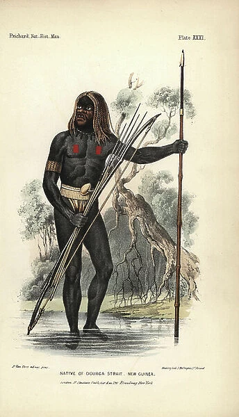 Native of Pulau Yos Sudarso (Dourga Strait), New Guinea. He wears a loincloth, bracelet and chest decorations, and carries spear, bow and arrows. Handcoloured lithograph by Madeley after an illustration drawn from nature by P. van Oort