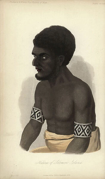 Native of the Solomon Islands, with shell armlets and skirt. Taken from Captain J.E. Erskine's 'Journal of a Cruise, ' 1853. Handcoloured lithograph by J. Bull from James Cowles Prichard's Natural History of Man, Balliere, London, 1855