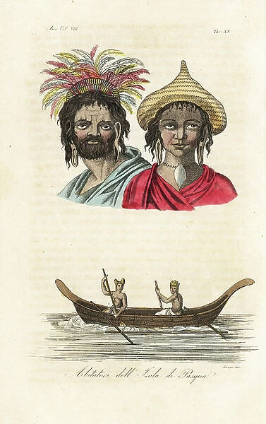Natives of Easter Island or Rapa Nui. Man and woman in hats with long pierced ear lobes. Couple rowing an outrigger canoe or vaka. Handcoloured copperplate engraved by Sasso after William Hodges from Giulio Ferrario's Ancient