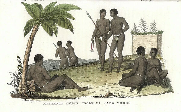 Natives of the Island of Cape Verde, early 19th century. Handcoloured copperplate engraving by Andrea Bernieri from Giulio Ferrario's Ancient and Modern Costumes of all the Peoples of the World, 1843