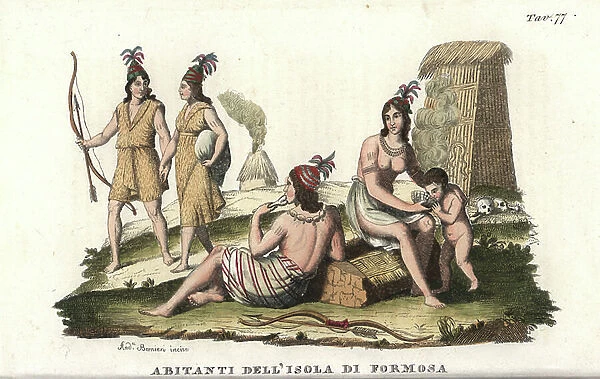 Natives of the island of Formosa (Taiwan), depicted as headhunters and cannibals, 1820s. Handcoloured copperplate engraving by Andrea Bernieri from Giulio Ferrario's Costumes Antique and Modern of All Peoples