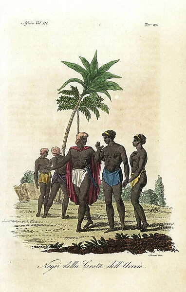 Natives of the Ivory Coast, Africa. Men in loinclothes with hair dyed red and dressed with palm oil, and a noble in cloak. Handcoloured copperplate engraving by Antonio Sasso from Giulio Ferrario's Ancient