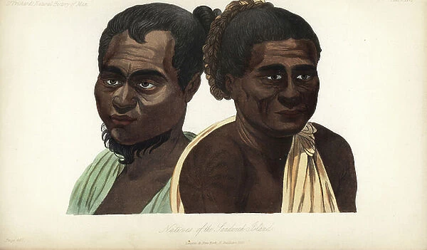 Natives of the Sandwich Islands (Hawaii), 19th century. Copied from Louis Choris ' Picturesque Journey.' Handcoloured lithograph by J. Bull from James Cowles Prichard's Natural History of Man, Balliere, London, 1855