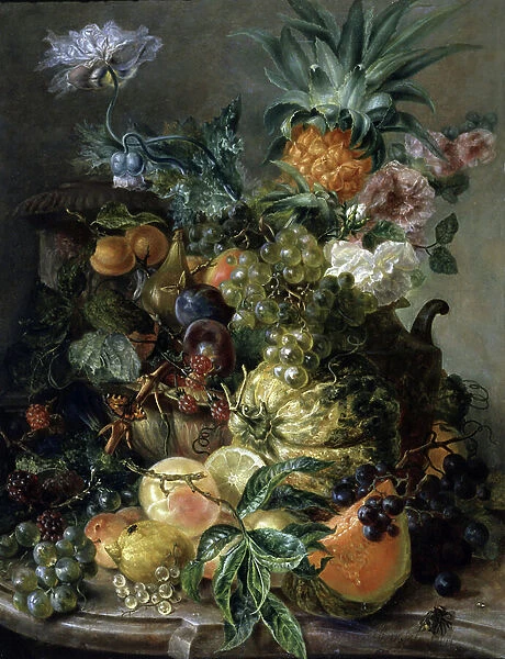 Nature morte de fruits et fleurs. Peinture de Paul Theodor van Brussel (1754-1795) Collection privee