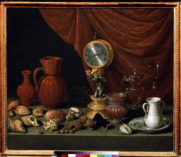 'Nature morte a l horloge'(Still life with a clock) Pendule, cruche, coquillages, noix, verre en cristal. Peinture d Antonio de Pereda y Salgado (1611-1678) 1652 Musee Pouchkine, Moscou
