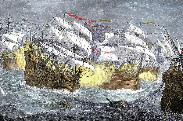 Naval combat: Capture of Spanish ships by the English fleet of Francis Drake (1542-1596), privateer and English explorer. Engraving. Seizure of English treasure ships by English fleet of Francis Drake