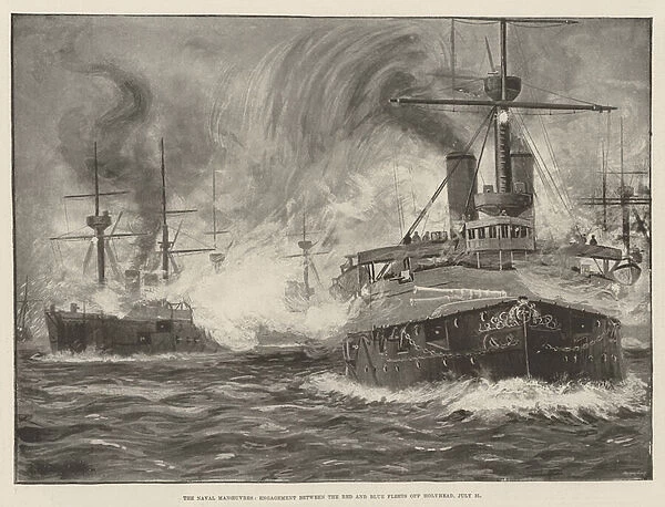 The Naval Manoeuvres, Engagement between the Red and Blue Fleets off Holyhead, 31 July (litho)