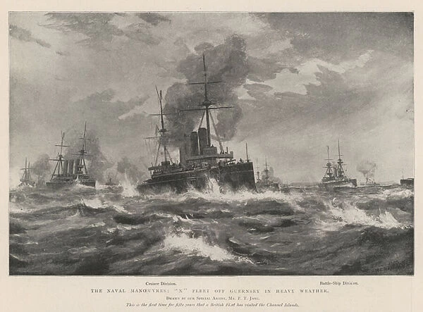 The Naval Manoeuvres, 'X'Fleet off Guernsey in Heavy Weather (litho)