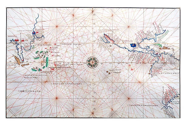 Navigation chart showing China, Ceylon and the Philippines and the Tropics of Cancer and Capricorn, c. 1540 (vellum)