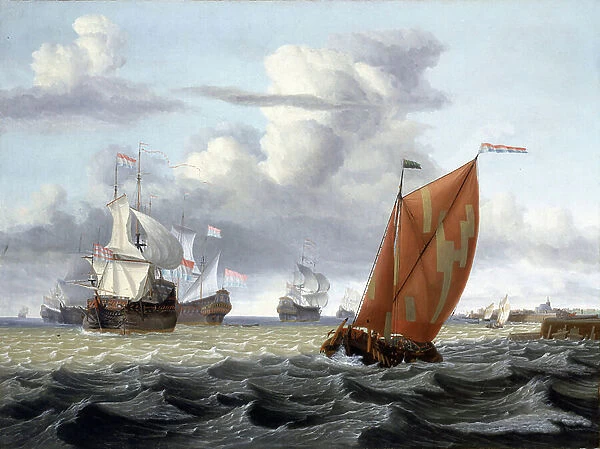 Navigation off a Dutch port, with the tower of a church and a few buildings, probably Enkhuizen (Holland) on the Zuiderzee (or Zuyderzee or South Sea) and description of a wide variety of vessels