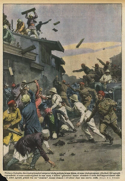 Near Calcutta, two hundred players caught by the police in a gambling den, violently rebelled (colour litho)