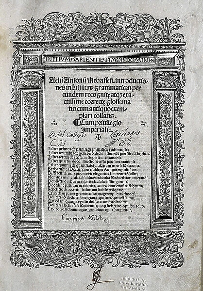 NEBRIJA, Antonio Martinez de Cala, called Antonio de (1441-1522). English humanist and grammarian. Nebrija Grammar. Cover of an edition printed by Miguel Eguia of his work ' AEL
